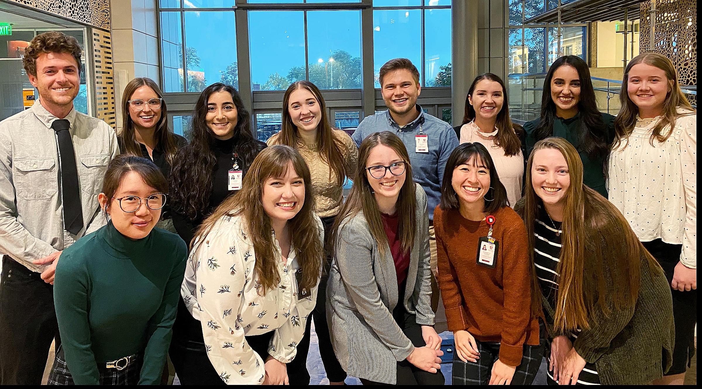 Rho Chi Pharmacy Honor Society inductees pose for a photo in the University of Utah College of Pharmacy atrium, October 26, 2022