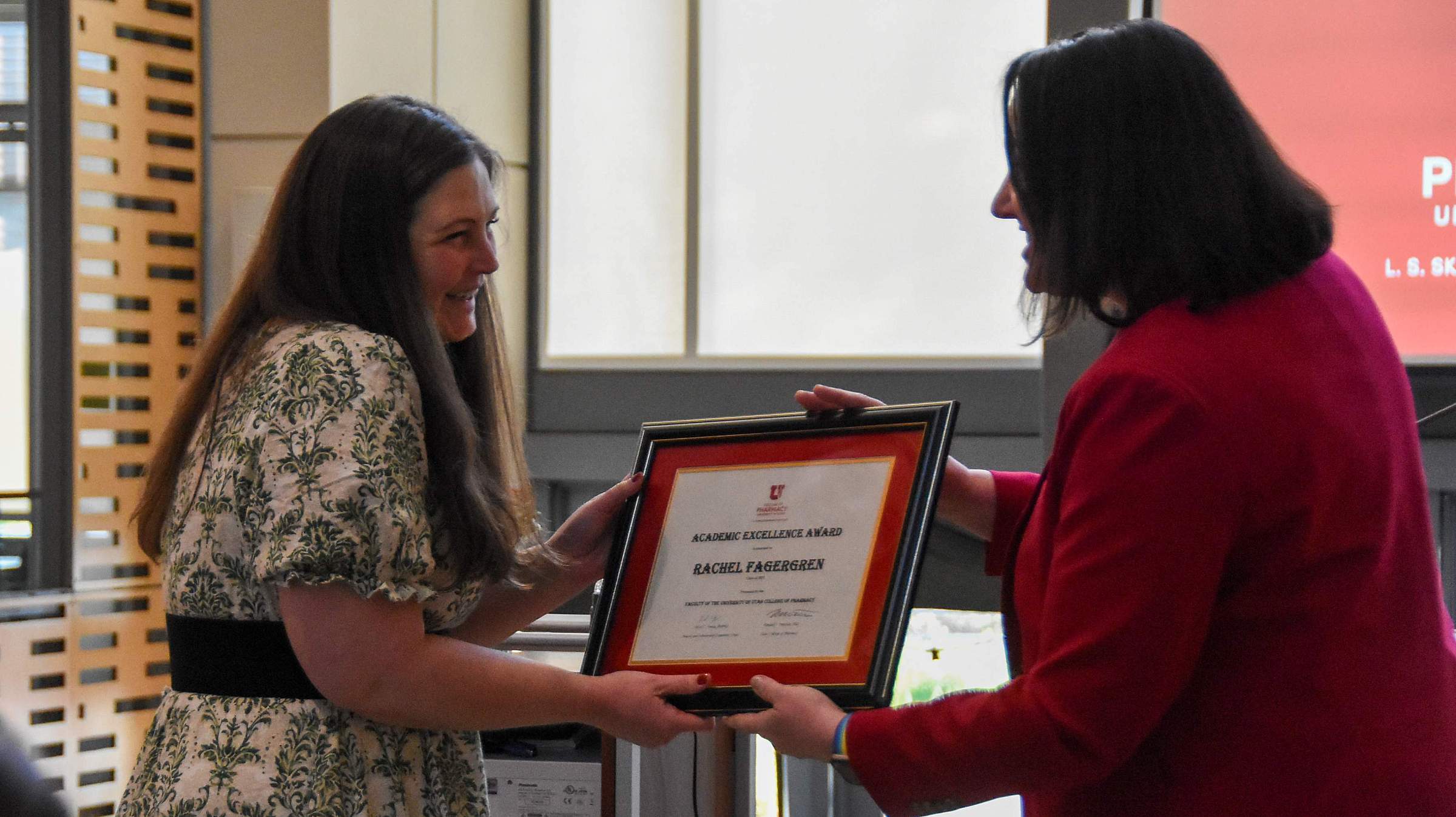 Rachel Fagergren, PharmD, receiving the Academic Excellence Award. (May 7, 2025)